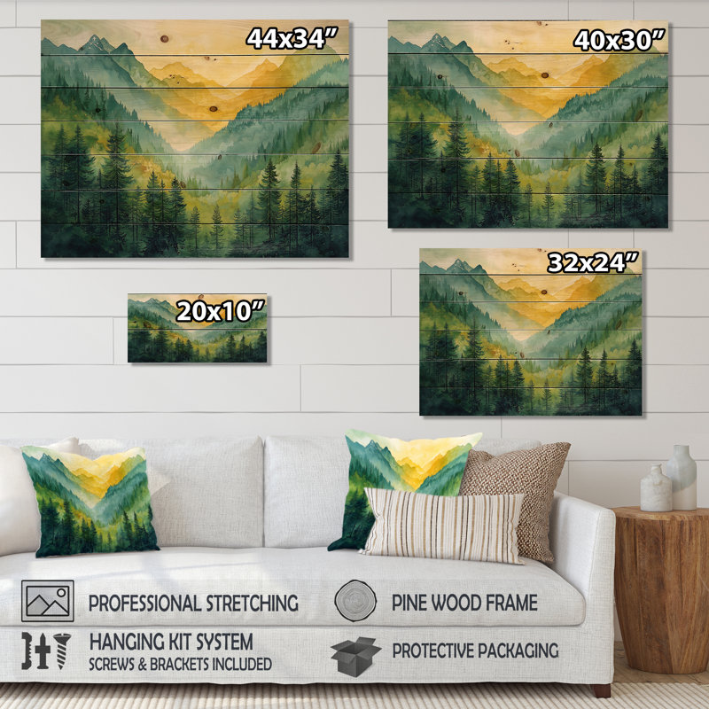 «Alaska Forest Echoes In The Summit I», impression de paysage de montagnes - sur bois de pin naturel