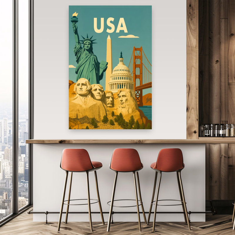 Visit The Usa Vintage Abstract Architecture Mountain Wall Art Print 1 Piece Wrapped Canvas Wall Art, 152.4cm H x 101.6cm W