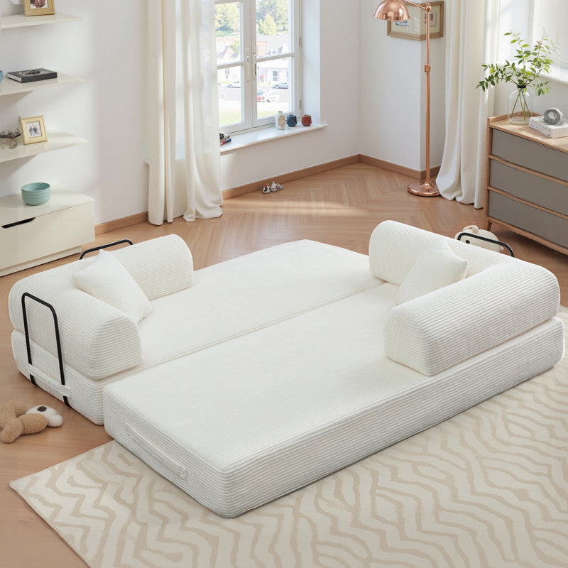 Boneless 80.7" Corduroy Sleeper Sofa Modular Sofa Bed Compression Foam Couch Bed With 2 Pillows - No Assembly Required, Beige