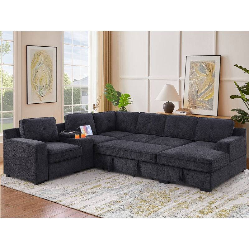 Canapé-lit modulaire en forme de U avec lit escamotable en U 120 po Chenille Suqare, Chenille grise foncée