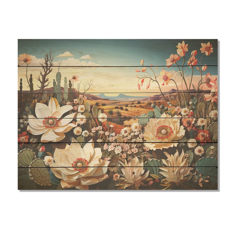 Modern Cactus Country Charm I - Flowers Wood Wall Art On Natural Pine Wood, 30" H x 40" W