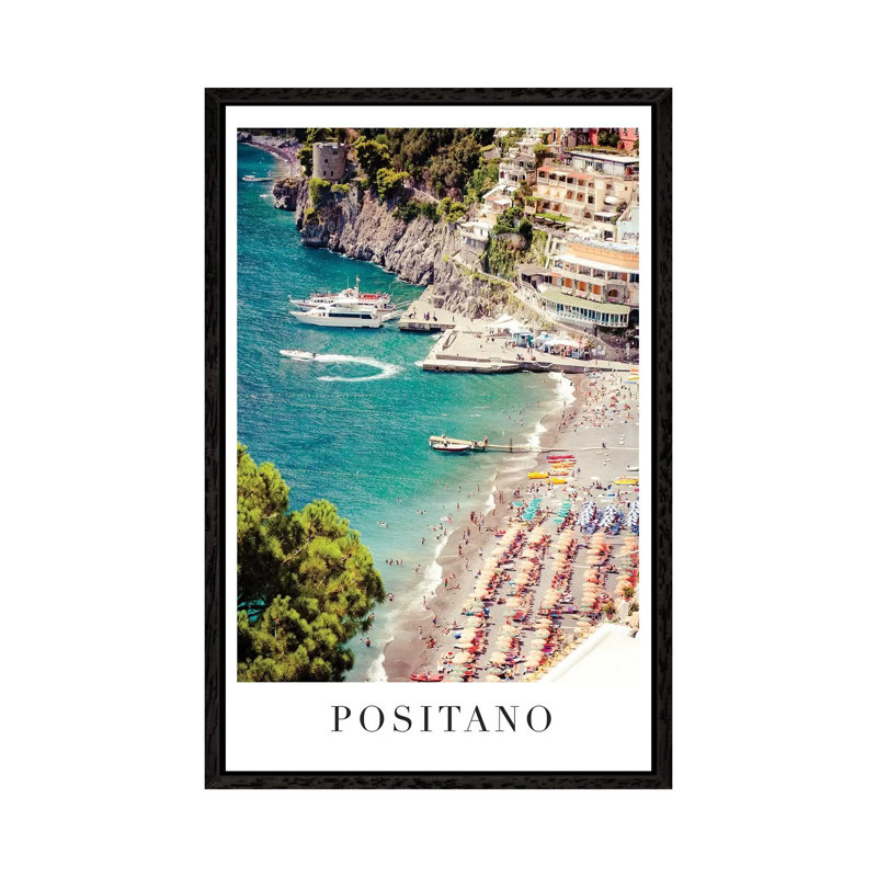 Positano Travel Poster - Print on Canvas, 66.04cm H x 45.72cm W x 3.81cm D, Black Framed