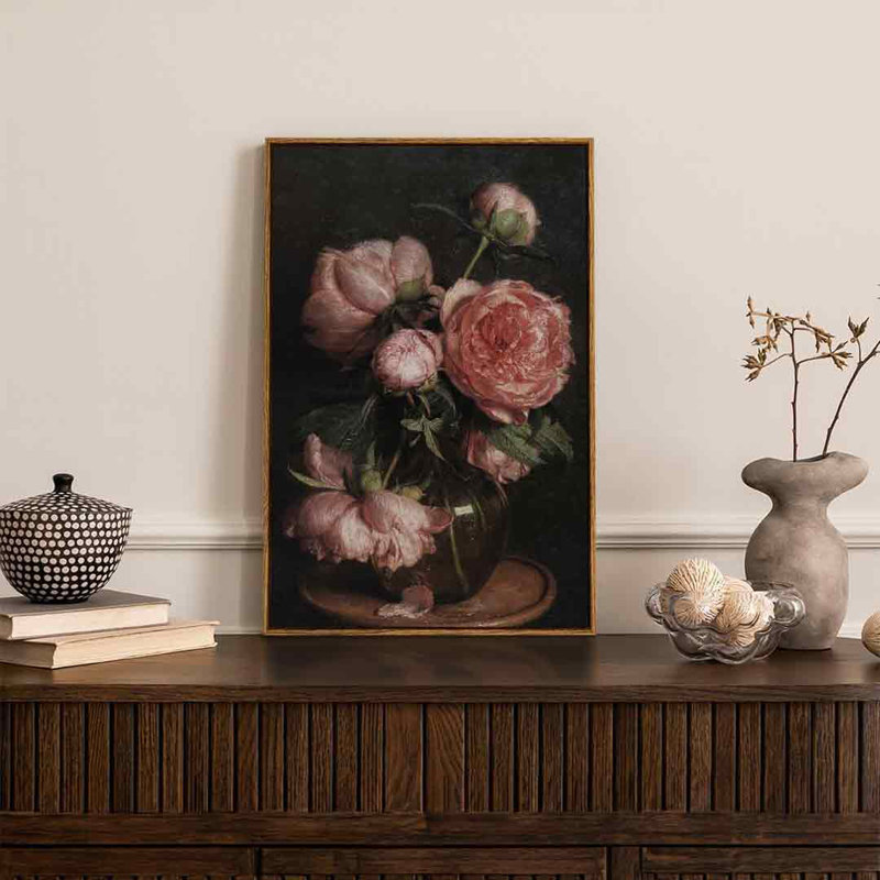 Vintage Floral Framed Canvas Print in Dark Brown Wood, 20"x30"