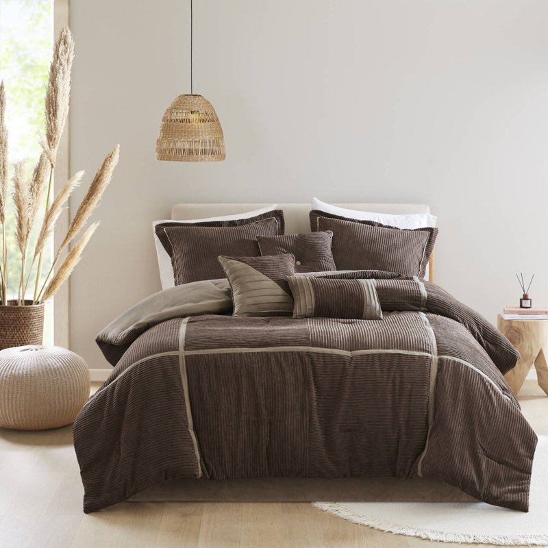 Ensemble de literie de luxe 7 pièces, polyester micro velours côtelé, brun grand, style chalet moderne