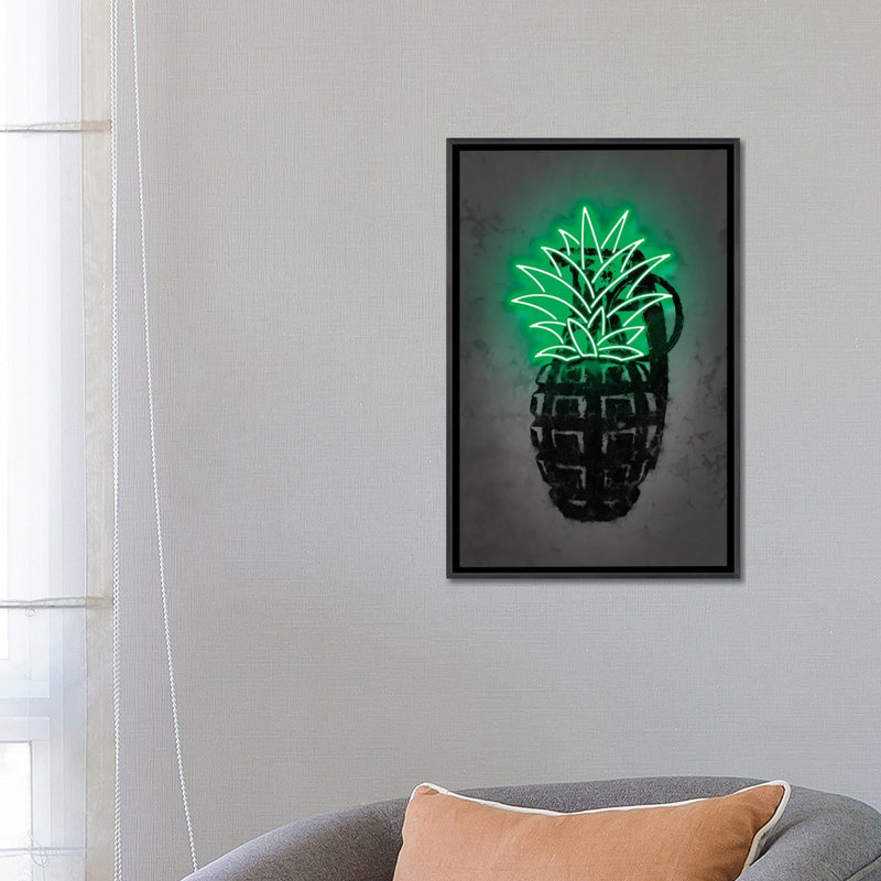 Impression d’art graphique, "Pineapple" par Octavio Mielu, H 26 po x l 18 po x 1,5 po, Toile avec cadre noir patiné