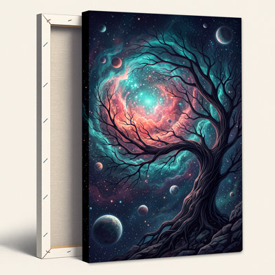 Silhouette d'arbre en toile sarcelle et nébuleuse rose