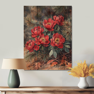 Pivoines parmi les pins d'automne III - Décoration murale en bois de pivoines - sur bois de pin naturel