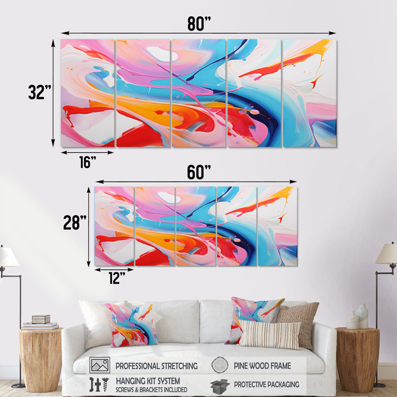 «Blue An Pink Paint Storm IV», art mural abstrait à l'encre liquide 5 pièces, H 32 po x l 80 po