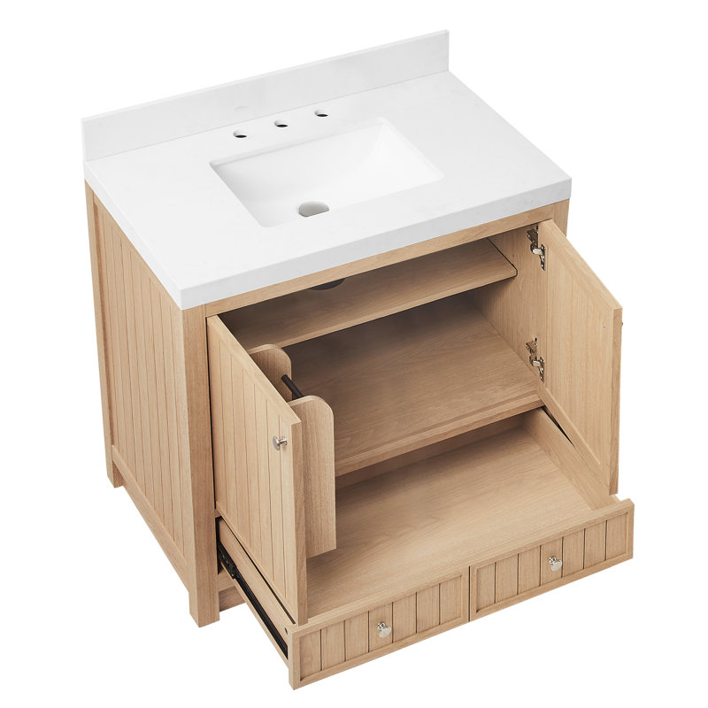 Meuble-lavabo de salle de bain Aula avec comptoir en quartz blanc Thassos de 2 po, Chêne naturel nordique, 36"
