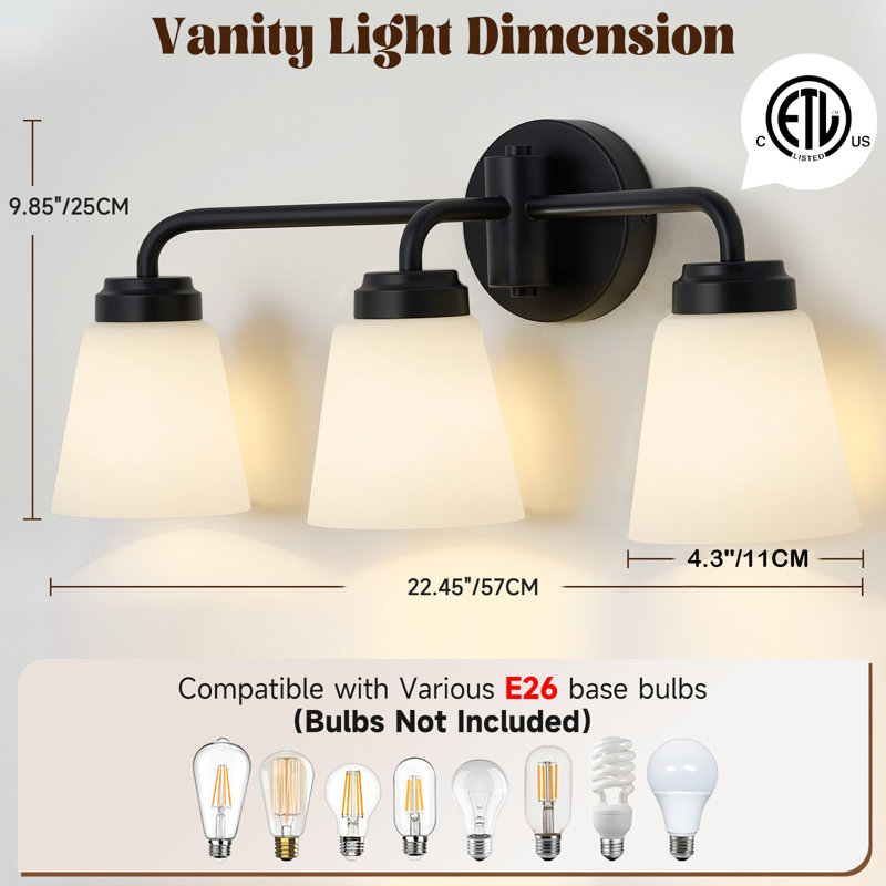 Luminaire de salle de bain 3 lumières à intensité variable avec abat-jour en verre, Noir
