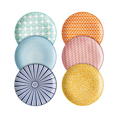 10 Inch Porcelain Dinner Plates, Large Size Serving Plate For Salad, Pancakes, Steak, Set Of 6, Assorted Colors