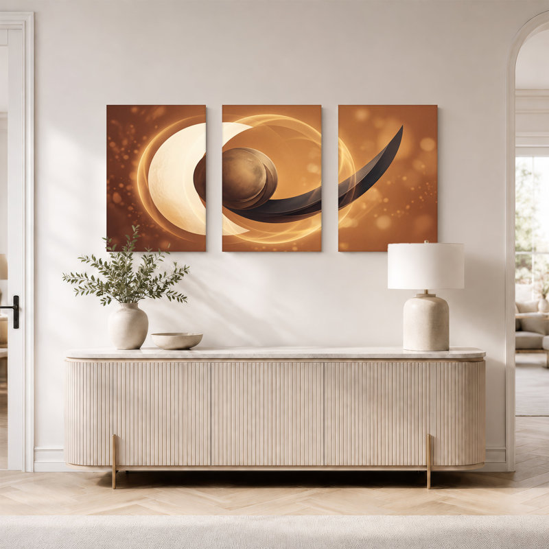 Abstract Bronze Sphere And White Crescent On Gold Background Set Of 3 Canvas Wall Art, H 18 po x l 12 po x 3 pièces