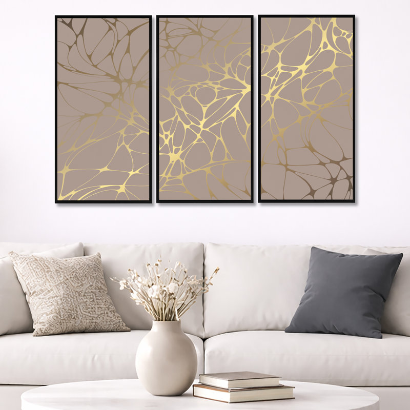«Golden Marble Design II», reproduction de photo sur toile 3 pièces, H 28 po x l 36 po x P 1 po, Cadre noir
