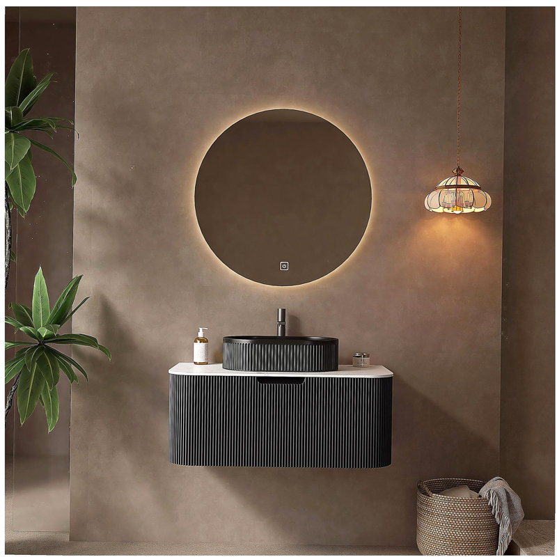 Meuble-lavabo de salle de bain à fixation murale à bords arrondis flottants avec tiroir, lavabo à vasque en céramique noire sans robinet de 36 po avec lavabo, lavabo en céramique noir sans robinet