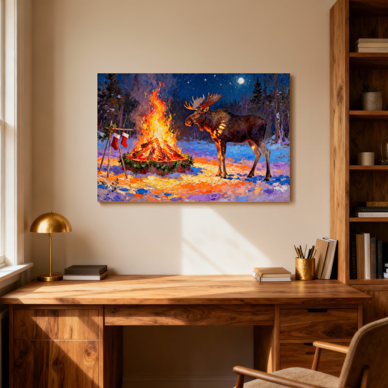 Christmas Moose By Campfire Christmas Scene Night