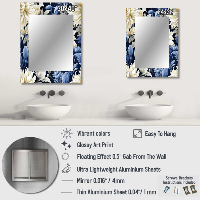Gemini Astral Blue White Damask Radiance - damask  Wall Mirror, Boho Decorative Mirror, Printed Metal Art, 32" x 24"