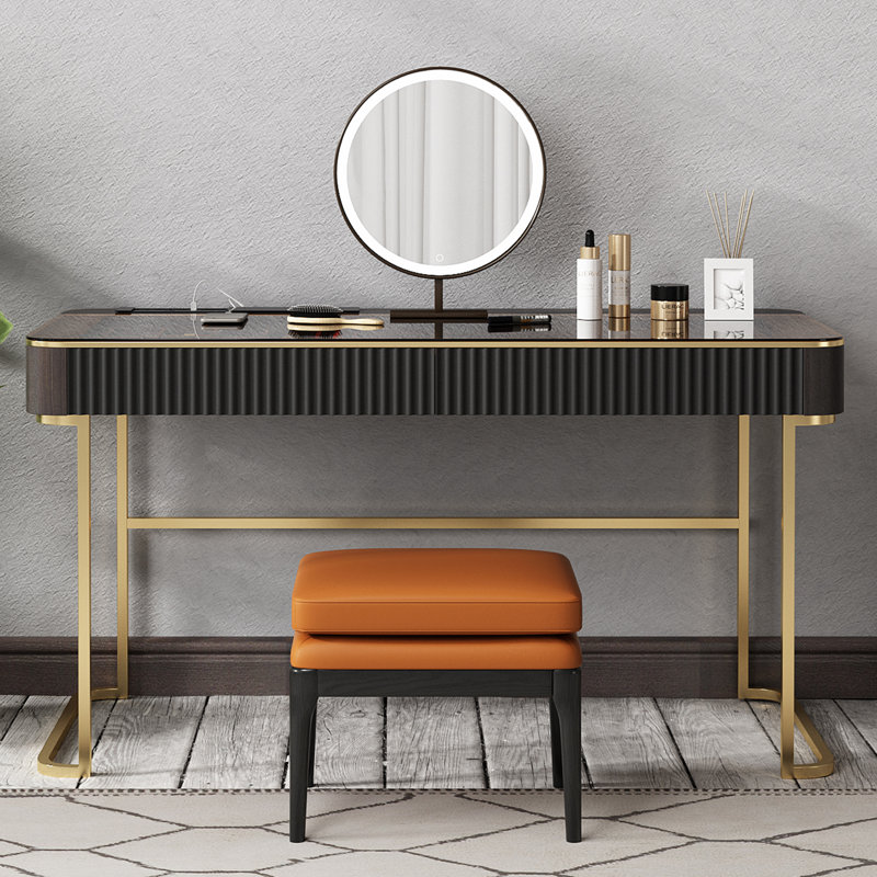 Dressing Table with Mirror, 29.5" H x 47" W x 23" D, Black/Gold