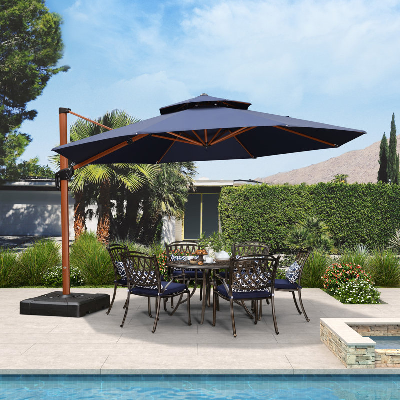 13 FT Round Wood Pattern Cantilever Umbrella,Navy, Navy Blue