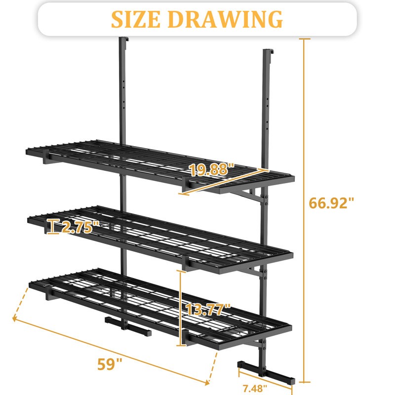 Heavy Duty Garage Wall Shelving & Shipping Container Shelving - 3-Tier Adjustable Metal Storage Rack with Hanging Shelf Brackets, No-Drill Vertical Storage for 43.3"/55.1" Frame Spacing