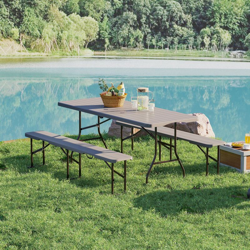 Table de pique-nique pliante en rotin artificiel 3 pièces 6 pi avec 2 bancs, brun