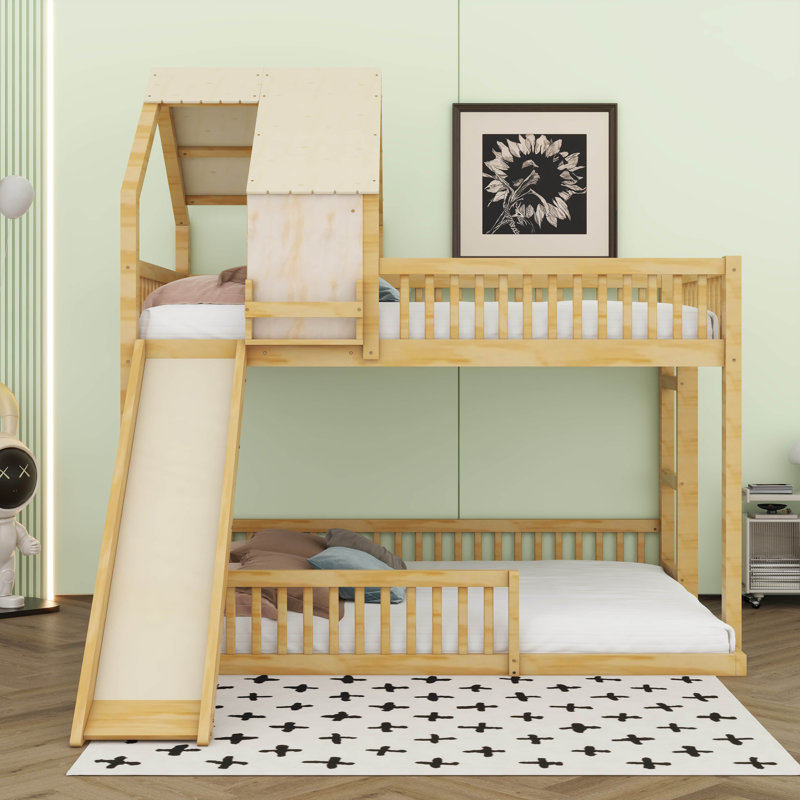 Structure de lit superposé en bois avec glissoire et échelle intégrée pour enfants, adolescents et jeunes, Naturel