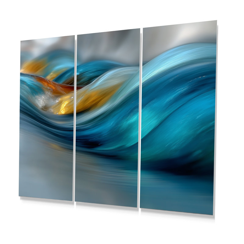 Ensemble de décorations murales bord de mer jaune à vagues bleues et rythmiques, H 32 po x l 48 po, Frameless Metal Print