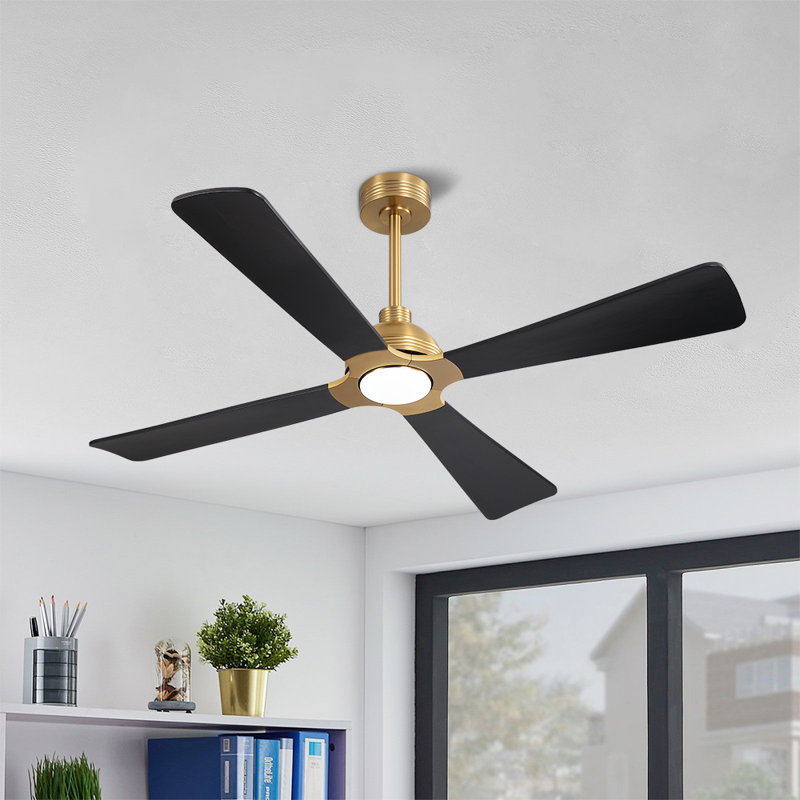 56 po Ventilateur de plafond 4 pales en bois massif avec ensemble d'éclairage et télécommande, Nickel, Noir