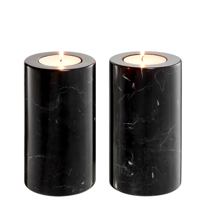 Black Marble Cylindrical Tealight Holders Set of 2