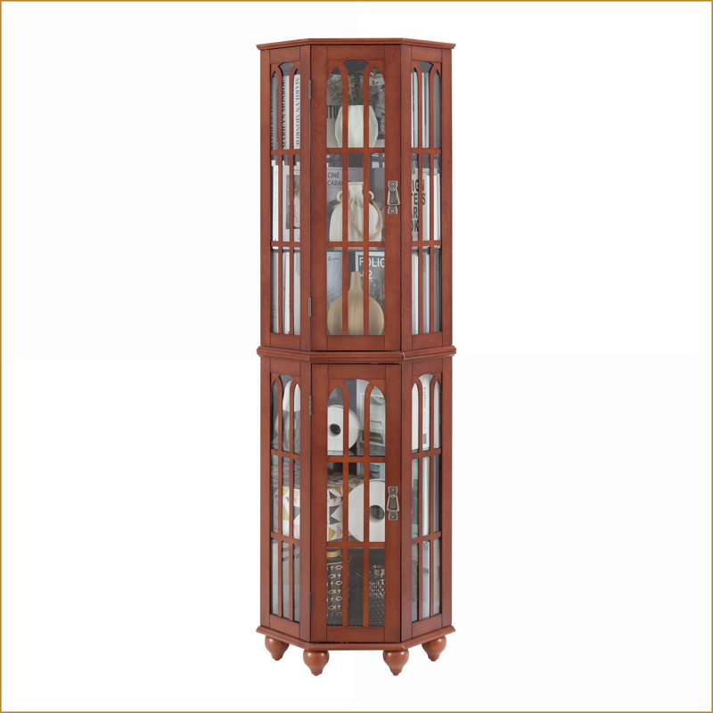Cabinets d'angle avec tablettes réglables en verre, éclairage, pieds en bois massif | H 70 po x l 22 po x P 16,95 po | Traditionnel | Bois massif + panneau de fibres à densité moyenne