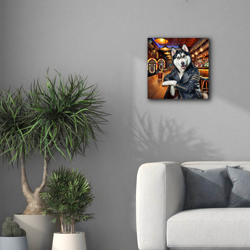 «Biker Bar Husky Dog» par Rey Klimt, art mural sur toile, H 18 po x l 18 po