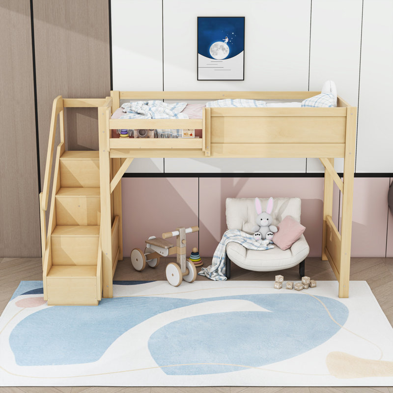 Lit mezzanine en bois avec garde-robe et escalier de rangement, Twin, Natural