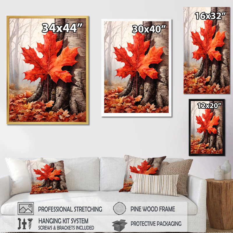 «Maples Mark Autumn Red III» sur toile, H 44 po x l 34 po x P 1,5 po, Cadre flottant noir