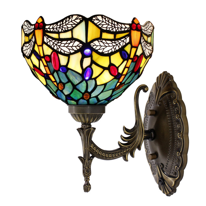 Tiffany Wall Sconce Lamp Blue Stained Glass Flower Style 8X10.5X11 Inch Plug in Wall Bedside Light for Hallway Bedroom (Blue Yellow Dragonfly Style)