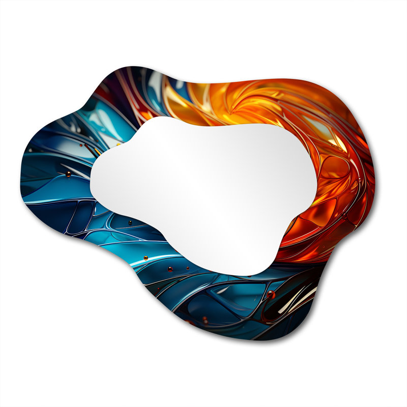 Velton Yelow Teal Abstract Fractal Fractal Fusion - Fractals Asymmetrical Mirror, Yellow Cloud Unique Wall Mirror, Printed Metal Art