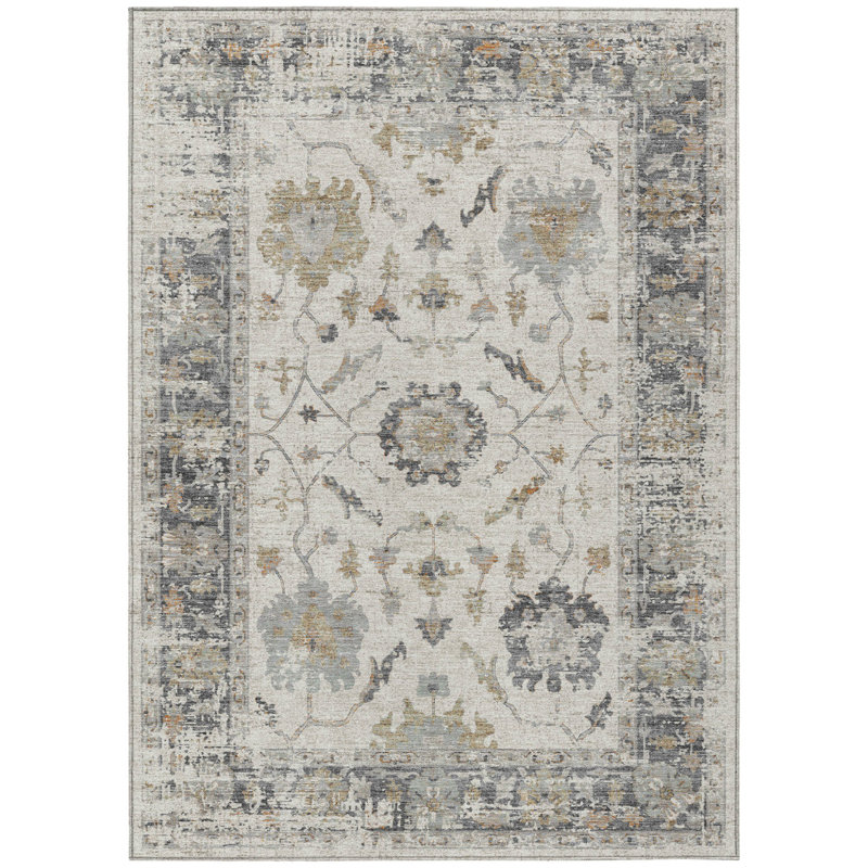 3' X 5' Ivory And Gray Floral Washable Indoor Outdoor Area Rug