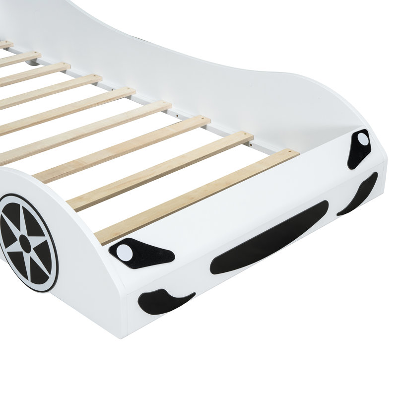 Lit simple en bois avec apparence de voiture de course et DEL, plus, blanc, Blanc
