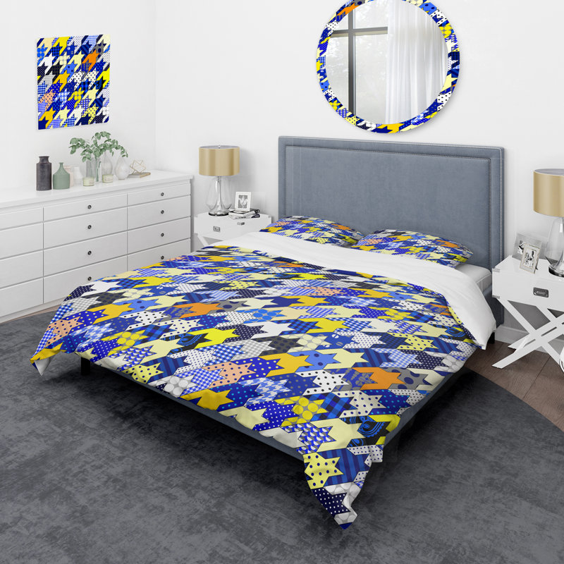 Patchwork jaune et bleu - ensemble de housse de couette abstrait - microfibre de polyester