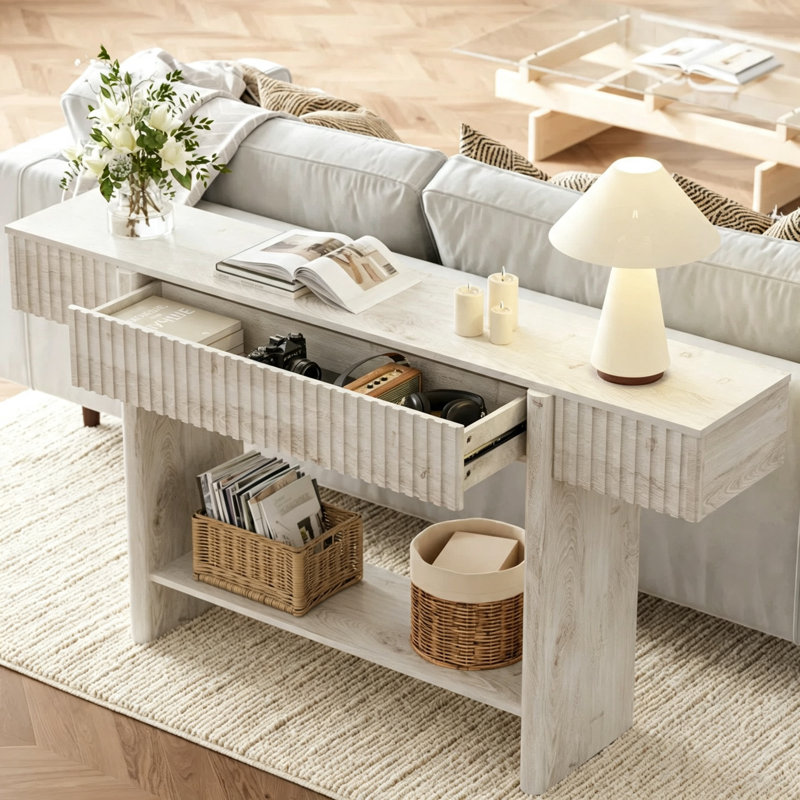 Console scandinave, 32.3" H x 55.1" W x 11.8" D, White, White, White