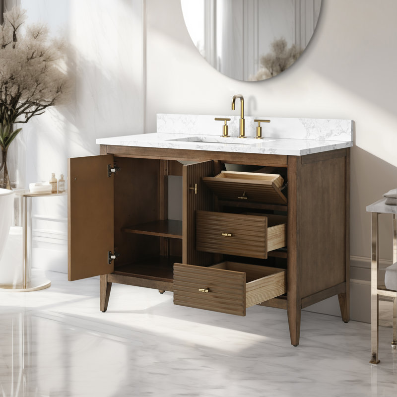 Laval 42" Single Sink Freestanding Bathroom Vanity with Engineered Marble Top, Golden Brushed, Linear Walnut