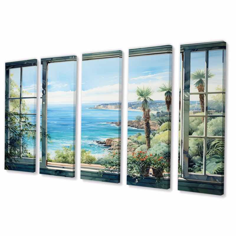 Seaside Tropical View II - Coastal Windows 5 Piece Wall Art Set, 28" H x 60" W