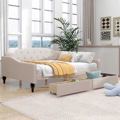 Full Upholstered Tufted Daybed Frame, 2 Drawers