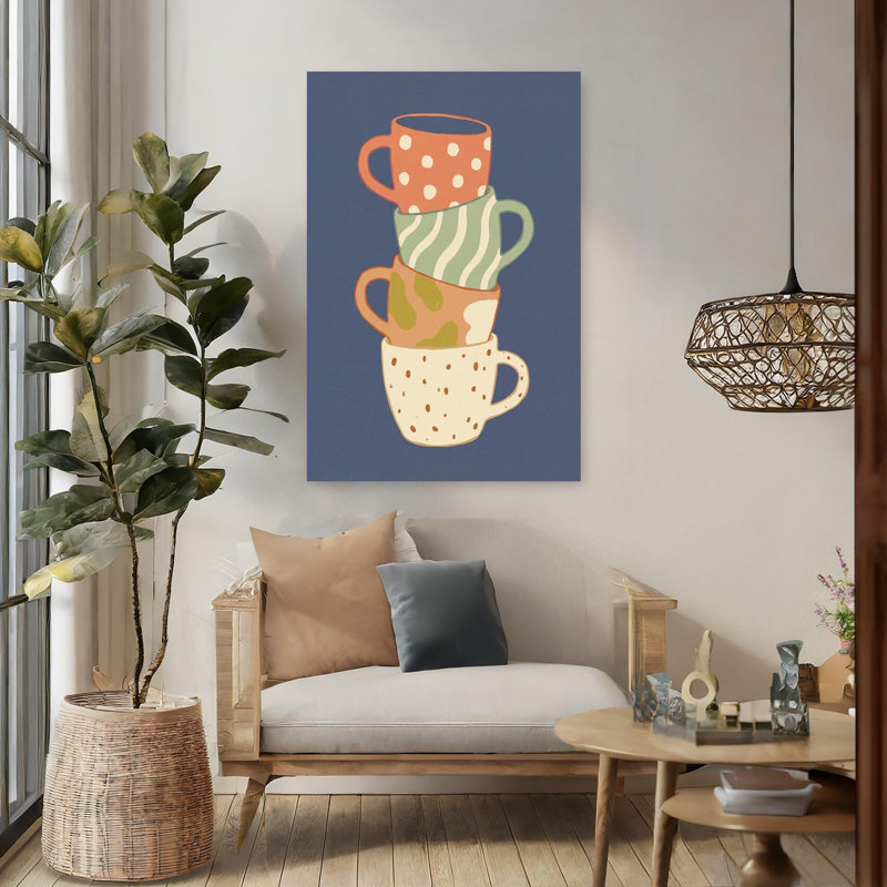 Cozy Mugs empilées, architecture rustique moderne colorée, art mural, H 48 po x l 32 po