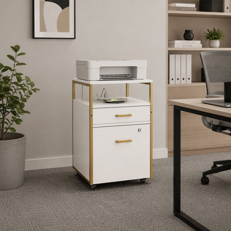 Classeur moderne à 2 tiroirs avec tiroir verrouillable, 2 ports de chargement USB, prise de courant et roulettes verrouillables, blanc et or