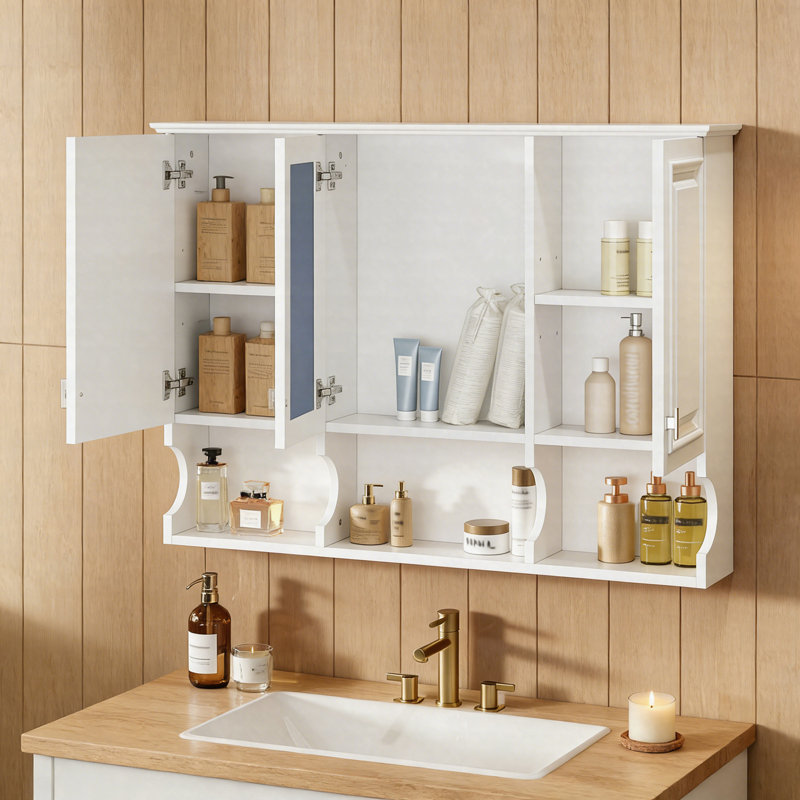 Armoire de toilette murale 41 po avec tablette réglable et tablettes ouvertes, portes à fermeture en douceur, rangement au-dessus de la toilette