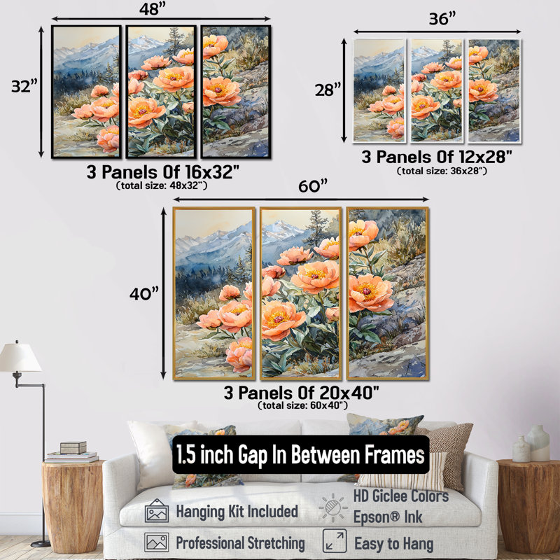 Pivoines dans le col de montagne - Art mural grand pivoines - 3 panneaux, H 28 po x l 36 po, Argent argent