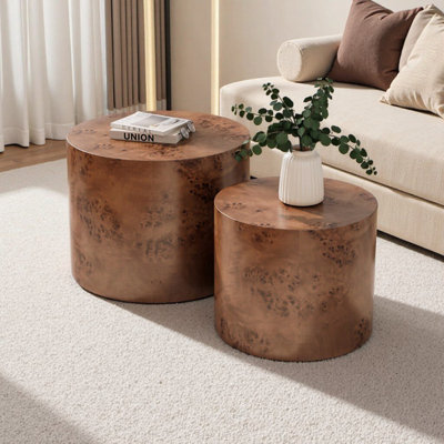 Modern Round Nesting Coffee Table Set of 2 - Wooden Burl Drum Accent Tables for Living Room, Bedroom & Small Spaces, Dark Brown