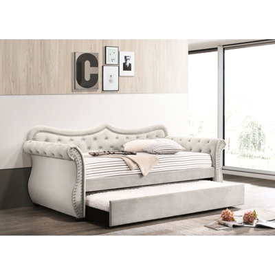 Lit de jour en lin beige avec lit gigogne simple - Revêtement en tissu, pieds en bois, finitions capitonnées et cloutées, capacité de charge de 150 kg, matelas non fourni, pieds entièrement en bois, ornements, matelas, max.