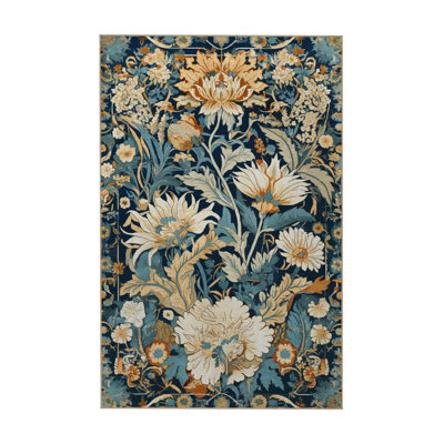 Paris Collection Blue Toned Cream Peony Flowers Pattern Modern Decorative Rug