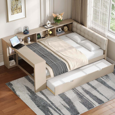 Lit plateforme double en bois avec tablettes de rangement, lit gigogne, station de charge et tête de lit tapissier, crème