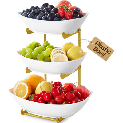 Bol à fruits en plastique pour comptoir de cuisine, panier à fruits à 3 niveaux avec support en métal, support à fruits à niveaux pour plateau de service de comptoir pour légumes / dessert en fête 28 x 21 x 35 cm / 11 x 8,4 x 14